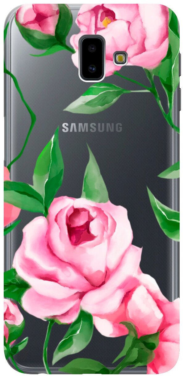 Силиконовый чехол на Samsung Galaxy J6+ (2018) / Самсунг Джей 6 плюс с 3D принтом "Amazing Peonies" прозрачный