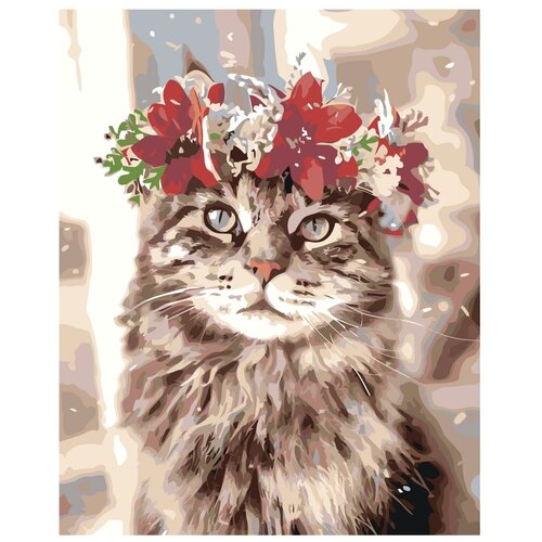 кошка с венком раскраска картина по номерам на холсте Кошка с цветочным венком Раскраска картина по номерам на холсте