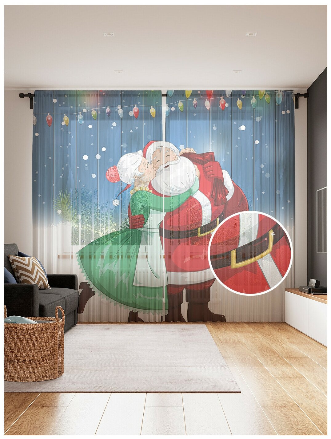 Тюль для кухни и спальни JoyArty "Новогодняя композиция", 2 полотна со шторной лентой шириной по 145 см, высота 265 см. - фотография № 1