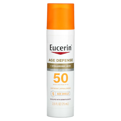 Eucerin, Age Defense, легкий солнцезащитный лосьон для лица, SPF 50, без отдушек, 75 мл легкий солнцезащитный лосьон eucerin age defense spf 50 75 мл