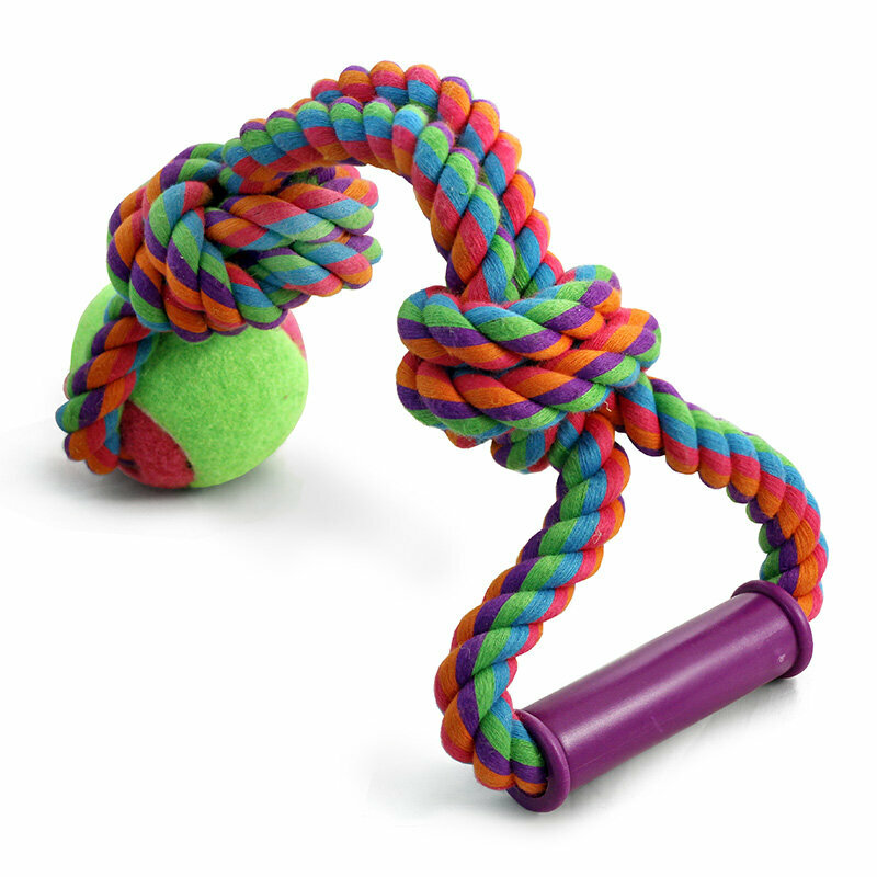 Игрушка для собак TRIOL Веревка с ручкой, двумя узлами и мячом разноцветная (38*6,5 см)