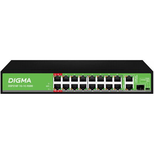 Коммутатор Digma DSP216F-1G-1C-R300 L2 16x100Мбитс 1x1Гбитс 1xКомбо1000BASE-TSFP 16PoE 16PoE 2PoE 300W неуправляемый 1350000₽