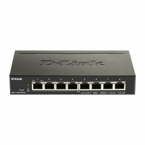 D-Link Сетевое оборудование DGS-1100-08PV2 A3A Настраиваемый L2 коммутатор с 8 портами 10 100 1000Base-T 8 портов PoE 802.3af at, PoE-бюджет 64 Вт