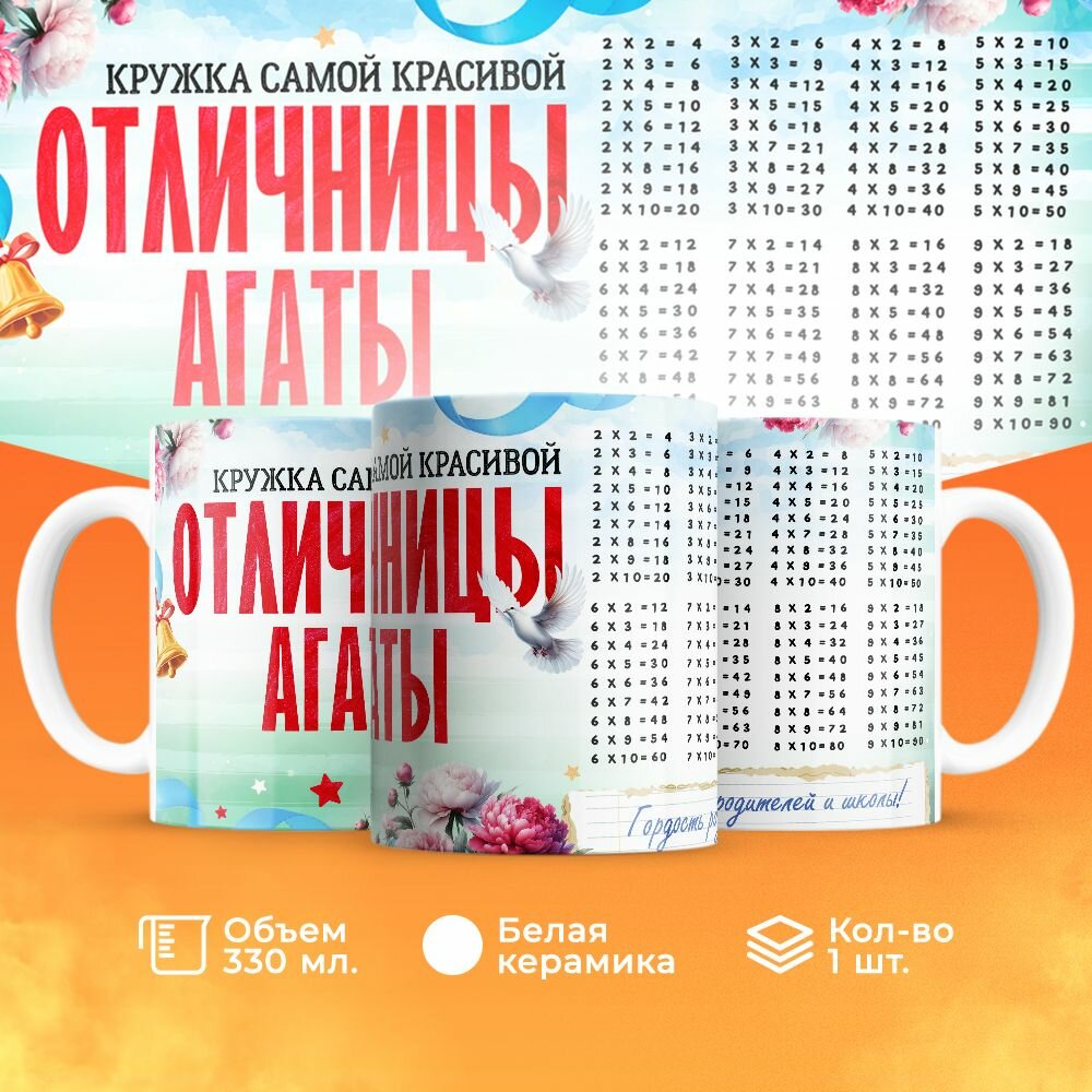 Кружка, "Самой красивой отличницы Агаты", на день рождения дочки, в подарок для девочки, внучки с таблицей умножения 330 мл