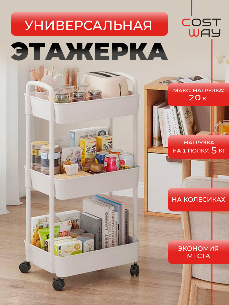 Этажерка COSTWAY HW47891WH для ванной/кухни на колёсиках ABS пластик белая