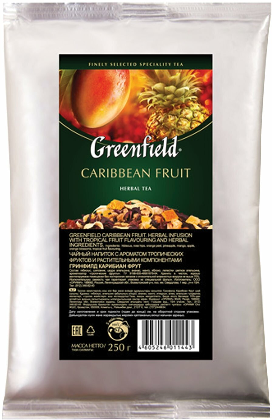 Чай GREENFIELD (Гринфилд) "Caribbean Fruit", фруктовый, манго/ананас, листовой, 250 г, пакет, 1144-15