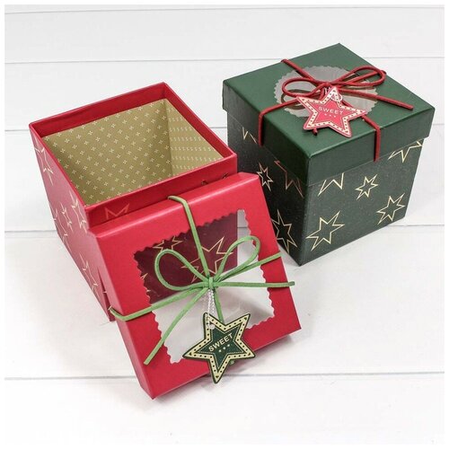 фото Набор коробок золотые звезды, красный/зеленый, 11*11*11 см, 4 шт. дон баллон