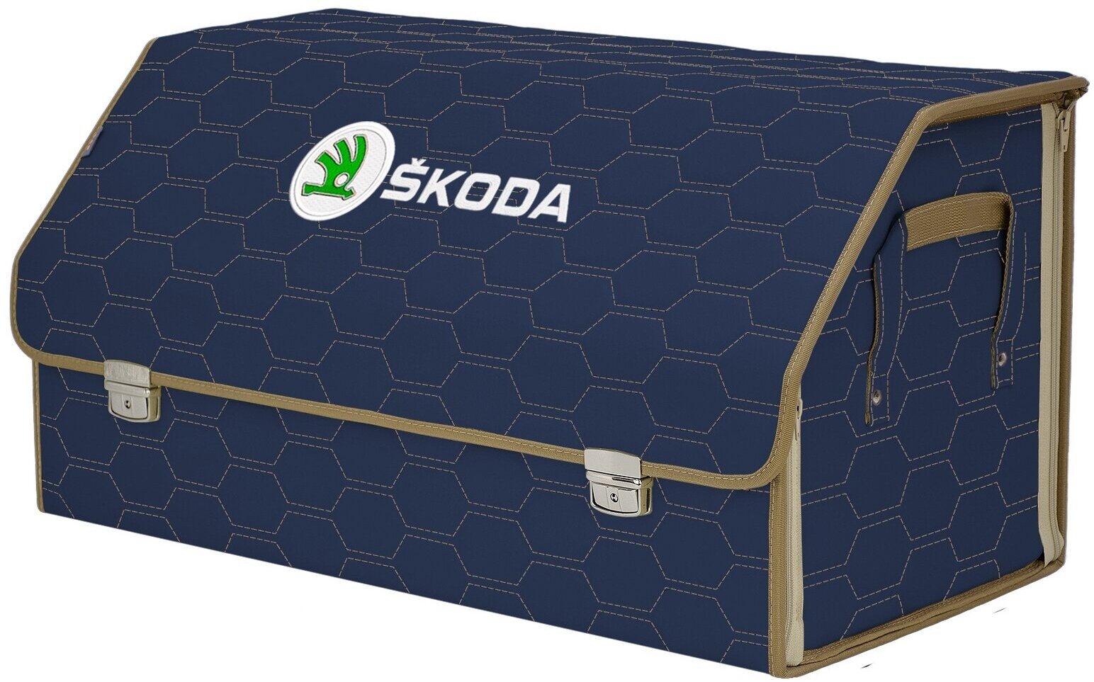 Органайзер-саквояж в багажник "Союз Премиум" (размер XL Plus). Цвет: синий с бежевой прострочкой Соты и вышивкой Skoda (Шкода).