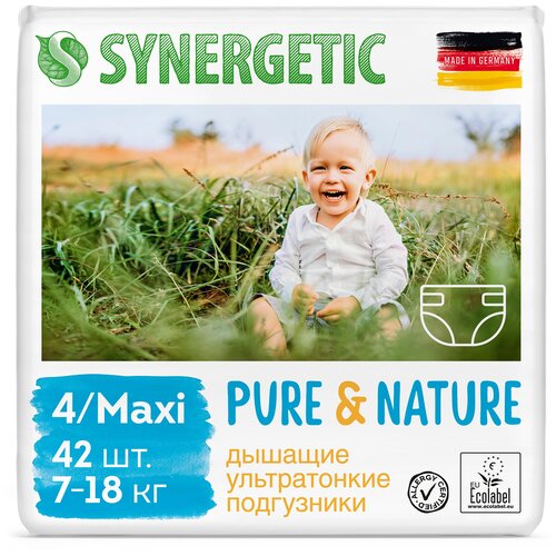 Дышащие ультратонкие детские подгузники Synergetic Pure&Nature, размер 4 MAXI, 42шт