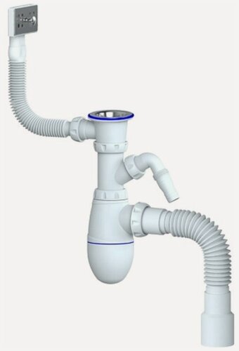 Изображение товара Сифон для кухни Unicorn 1.1/2"х40, нержавеющий выпуск, отвод для стиральной машины, прямоугольный перелив, с универсальной гибкой трубой, 40х40/50 B442V ИС.110316 534499