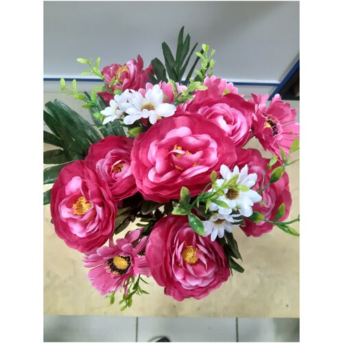 Роза+ромашка+пальмовые листья-букет искусственных цветов, цвет малиновый .