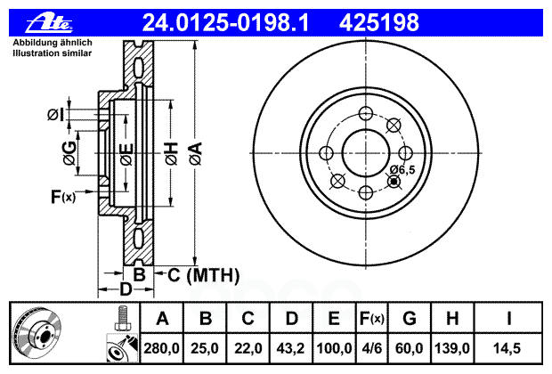 Диск тормозной передн, OPEL: ASTRA H 1.2/1.3 CDTI/1.4/1.4 LPG/1.6/1.6 Turbo/1.7 CDTI/1.8/1.9 CDTI/1.9 CDTI 16V/2.0 Turbo 04-, ASTRA H GTC 1.2/1.3 CDT, 24012501981 ATE 24.0125-0198.1