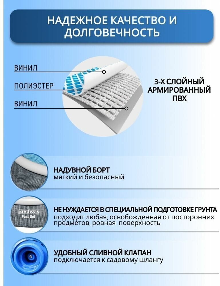 Бассейн надувной Bestway, 366х76 см, Fast Set, 57443, 5377 л - фотография № 9