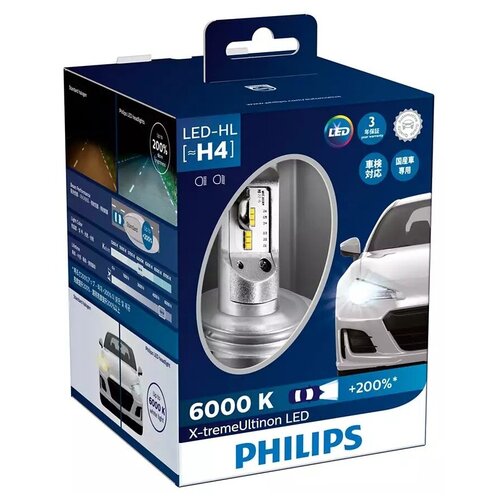 PHILIPS Лампа светодиодная 12V H4 9,3W +45% 6000K PHILIPS X-treme Ultinon LED 2 шт. блистер 12953BWX2