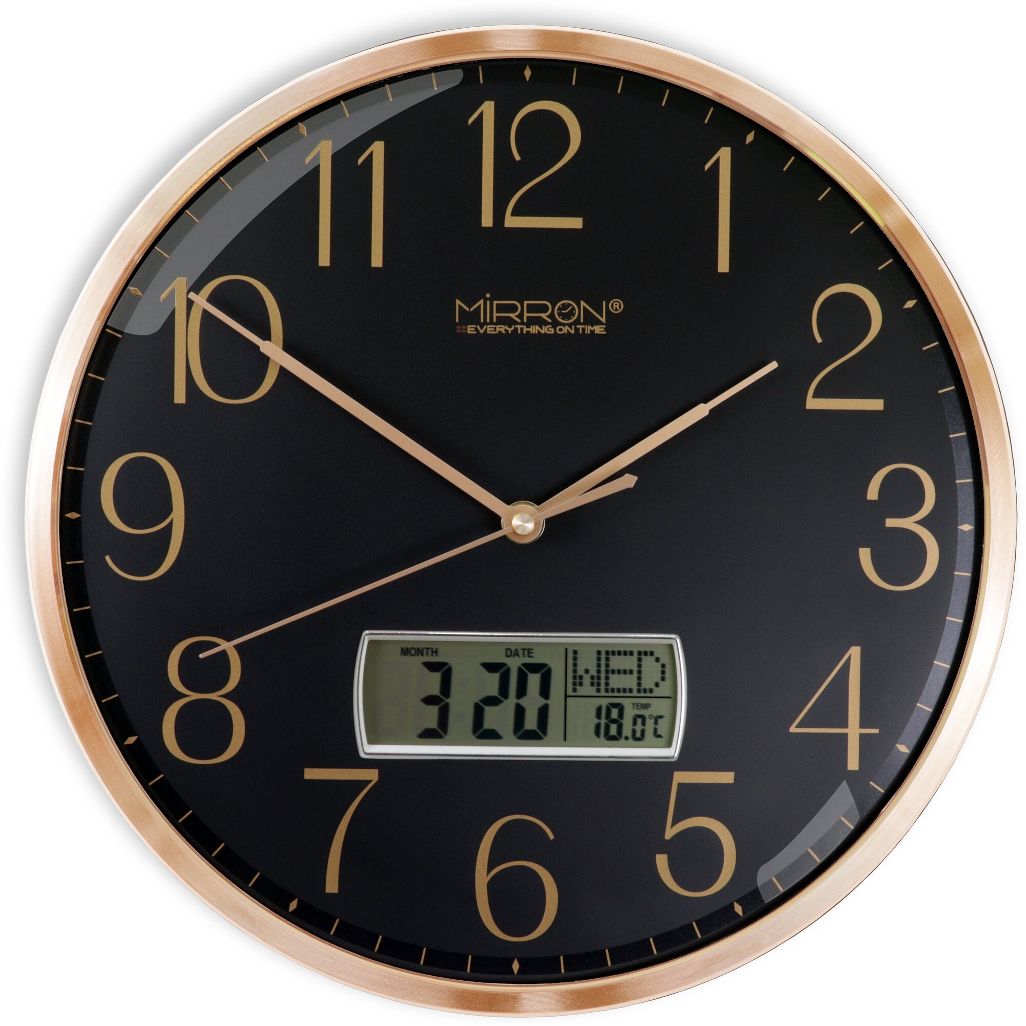 Большие круглые настенные кварцевые часы MIRRON P3264A-1 ЖК ЗЧ/32 см/Золотой цвет корпуса/Чёрный (тёмный) циферблат/Бесшумный плавный механизм/Оригинальные часы/Часы с жк-дисплеем/Часы с датой/Часы с термометром