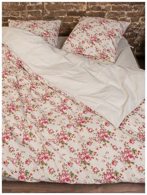 Постельное белье Argnord 1,5-спальное из льна с наволочками 70х70 Розовые розочки комбинированное