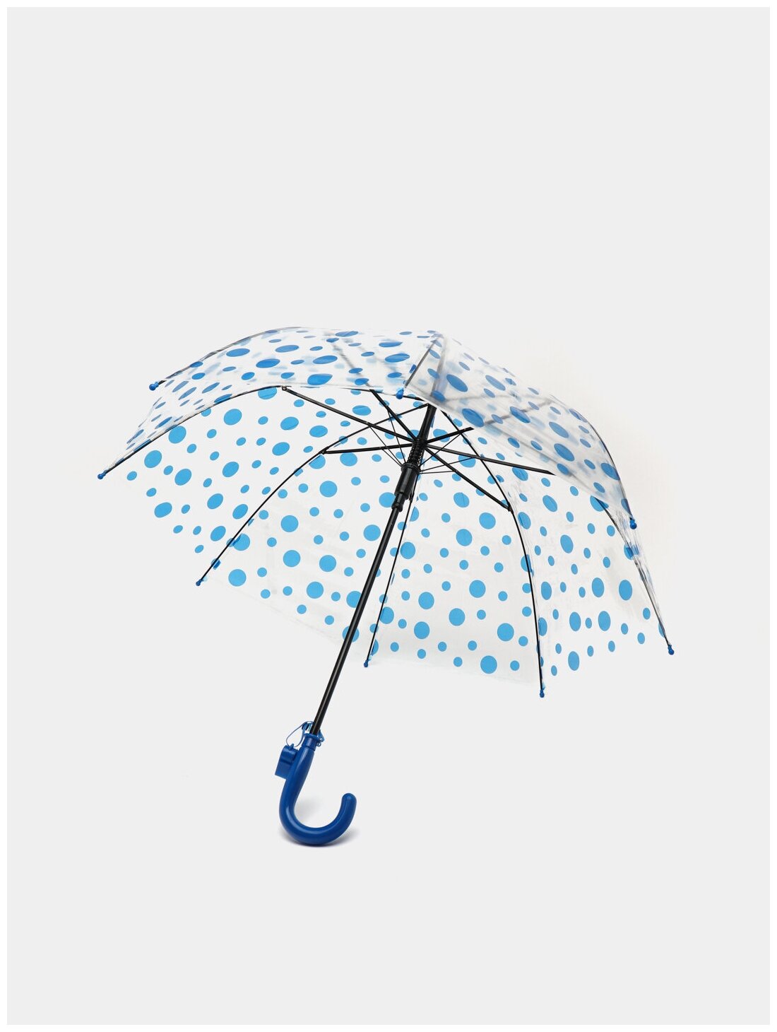 Прозрачный детский зонт-трость в голубой горошек