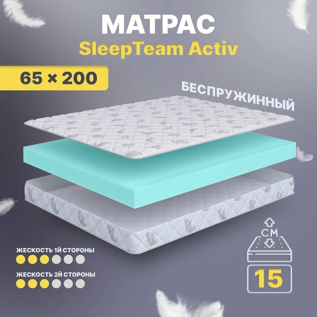 Матрас беспружинный для детей 65х200, в кроватку, SleepTeam Active анатомический, 15 см, односпальный, средней жесткости