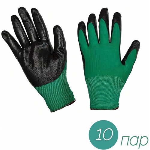 Нейлоновые перчатки, трикотажные, с черным нитриловым покрытием, 10 пар. Защищает руки от загрязнений и влаги при работе с мокрой почвой, обеспечивает надежный захват инструмента.