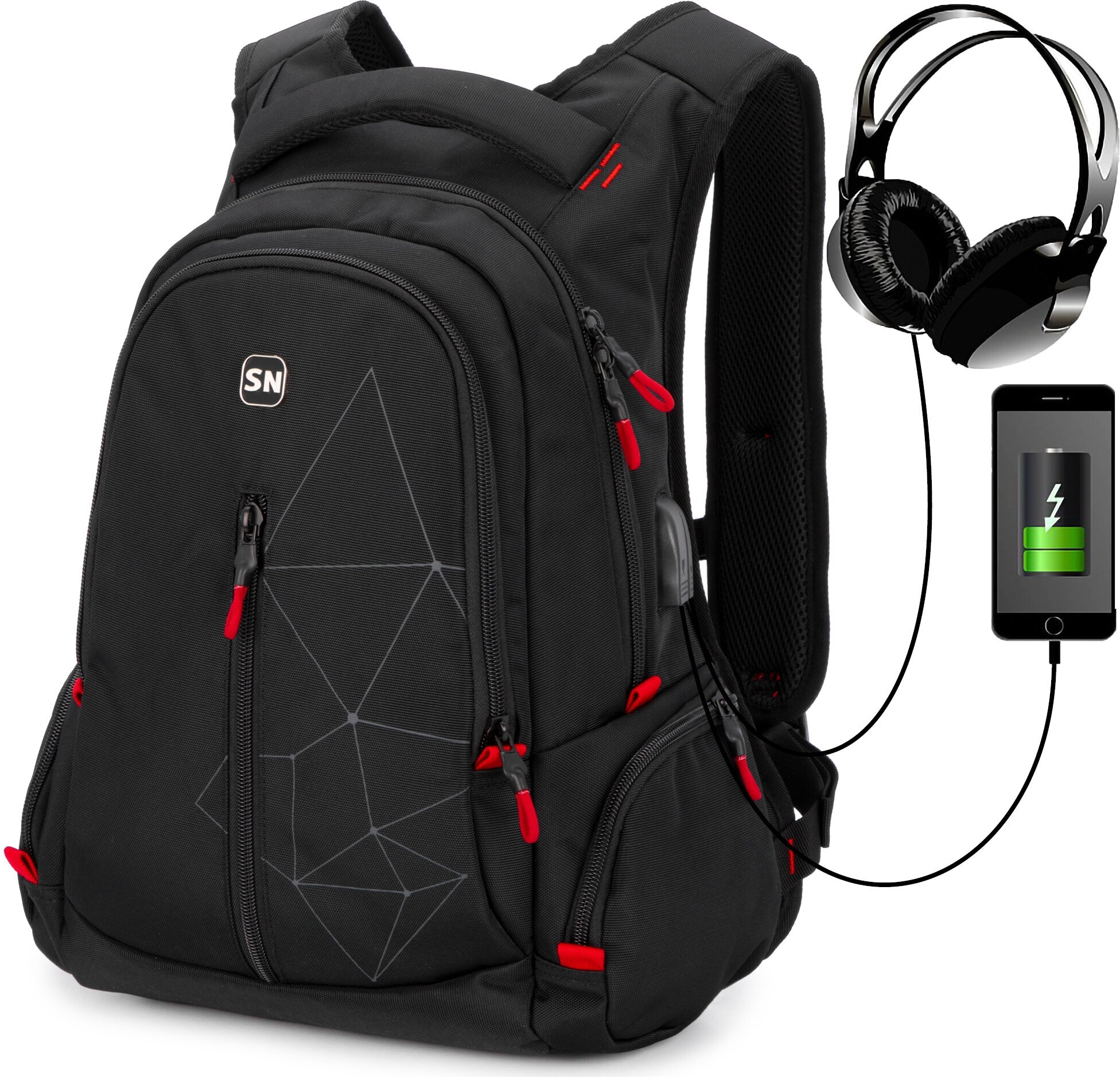 Рюкзак школьный для подростка, черный городской для мальчика/девочки, с анатомической спинкой и USB-слотом, 20 л, SkyName (СкайНейм)