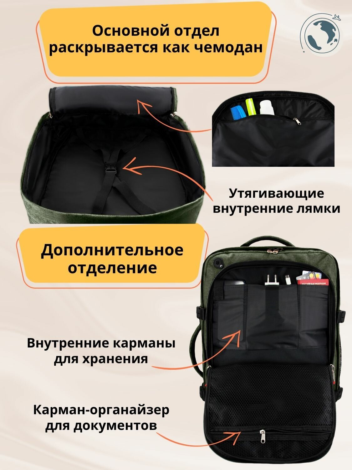 Рюкзак сумка чемодан ручная кладь S в самолет дорожная 44 л, хаки - фотография № 2