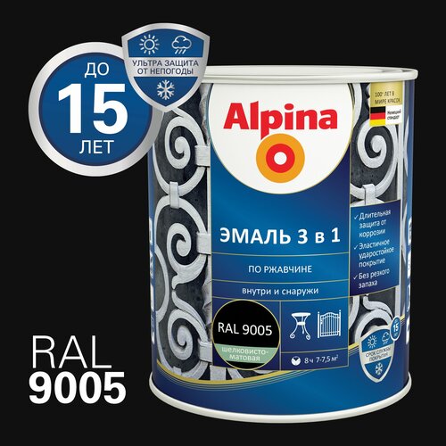 Эмаль по ржавчине Alpina 3В1 черная 0,75 л эмаль по ржавчине alpina синяя ral5010 2 5 л