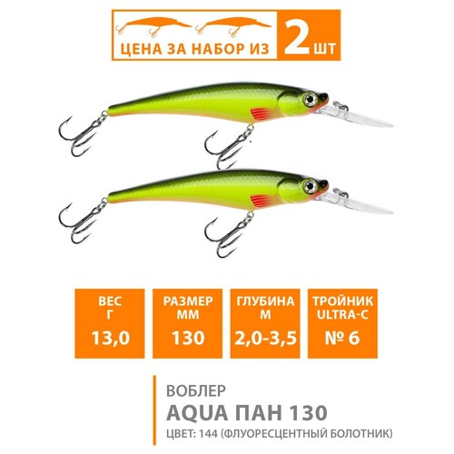 фото Воблер плавающий aqua пан 130mm 13g заглубление от 2 до 3.5m. приманка минноу для спиннинга, троллинга на щуку, судака, окуня цвет 144 (2шт)