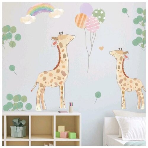 фото Наклейка пластик интерьерная цветная "жирафики и воздушные шары" набор 2 листа 30х90 см нет бренда