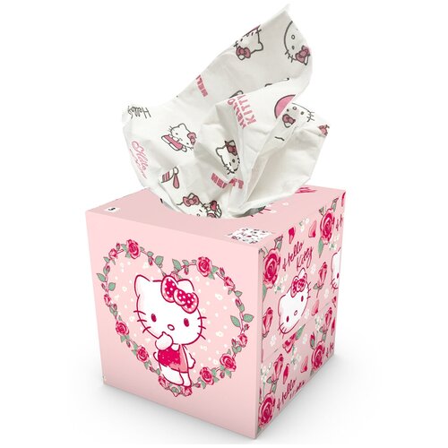 Купить Салфетки бумажные выдергушки Hello Kitty с рисунком 3-х слойные, 56 шт, World Cart, розовый/красный/белый, Бумажные салфетки