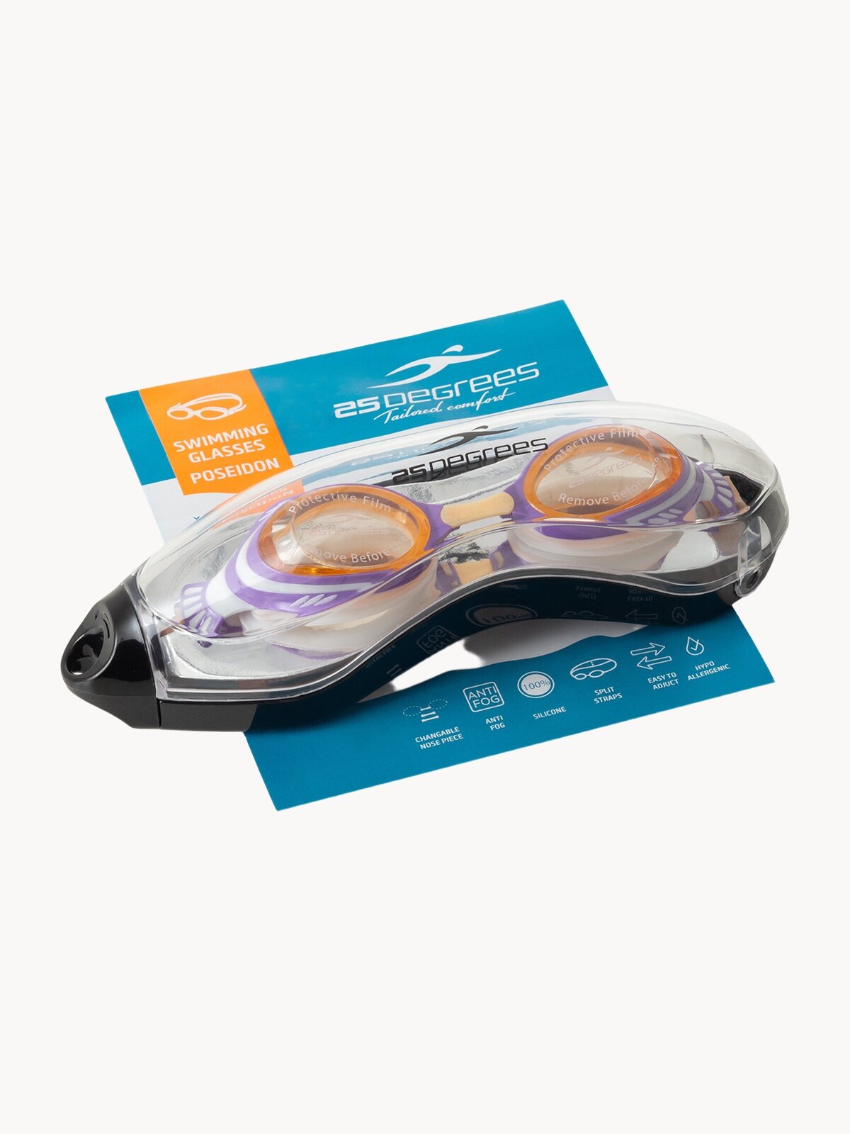 Очки для плавания детские 25DEGREES Poseidon Lilac/Peach футляр в комплекте, цвет лиловый/персиковый
