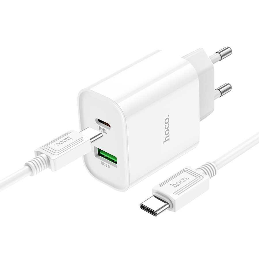 Сетевое зарядное устройство HOCO C80A Plus 1xUSB + 1xUSB-C с Кабелем Type-C - Type-C, 3.1A, 20W, белый — фото 1