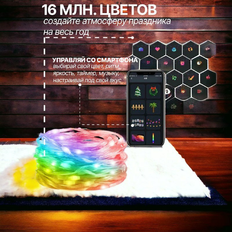 Умная гирлянда для дома и улицы на елку RGB 20 метров, управление с смартфона — фото 1
