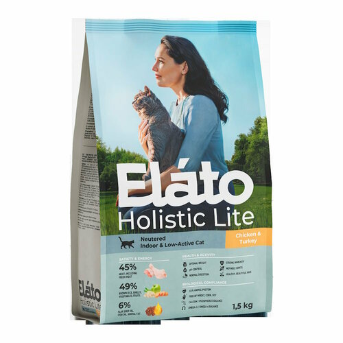 Корм Elato Holistic Lite для кастрированных котов и стерилизованных кошек, курица-индейка, 1,5 кг
