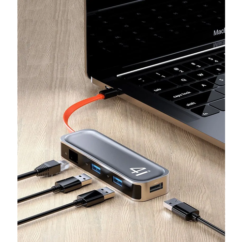 Многофункциональный хаб Rock TR05 4 in 1 Type-C to RJ45 Multi-function Docking Station серый 1759₽