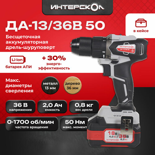 Бесщеточная аккумуляторная дрель-шуруповерт АПИ 36В 50 Нм 2 АКБ 20 Ач ЗУ кейс 15588₽