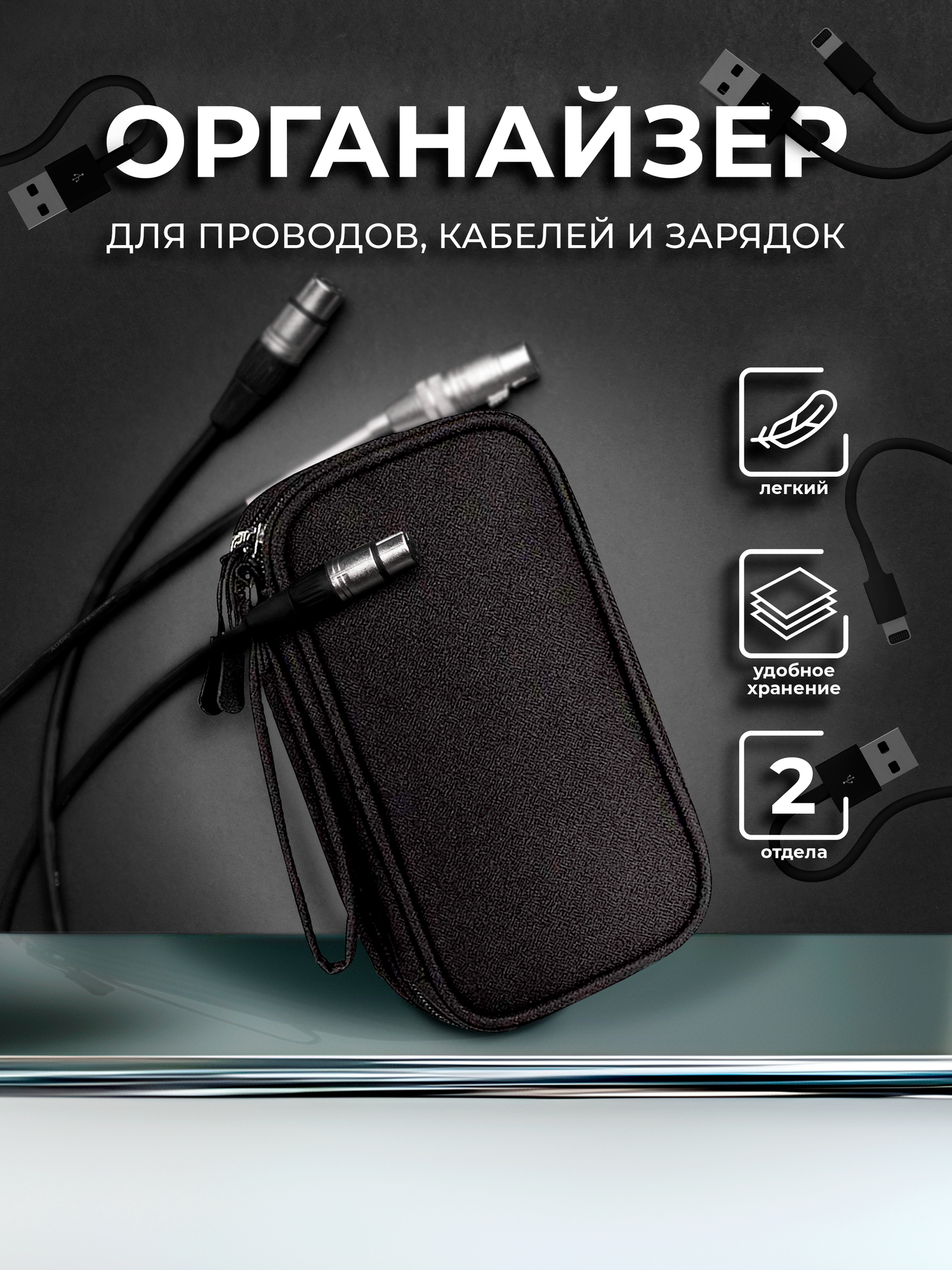 Органайзер для хранения проводов зарядок и аксессуаров сумка для кабелей 2 отделения Lianhouse