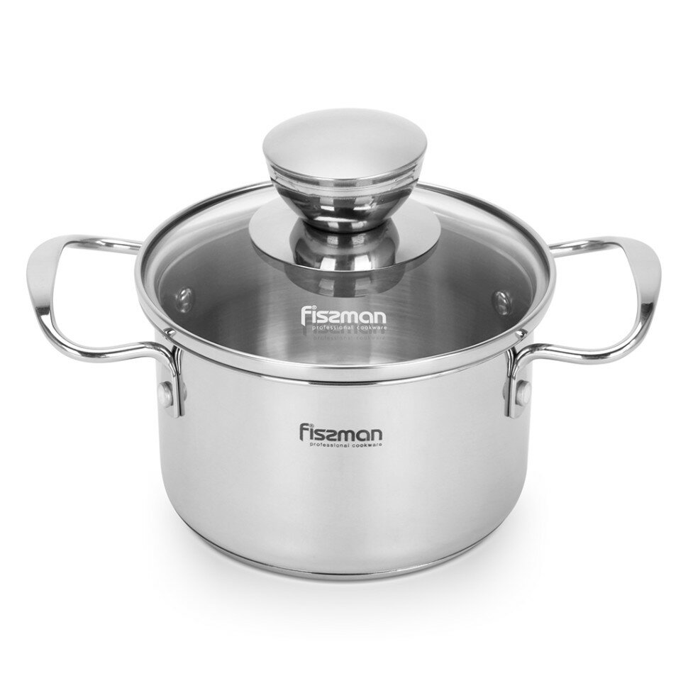 5505 FISSMAN Кастрюля MINI COOK 12x75см / 08л со стеклянной крышкой (нерж. сталь) Ручки-нерж. сталь; Крышка-стекло; Индукция