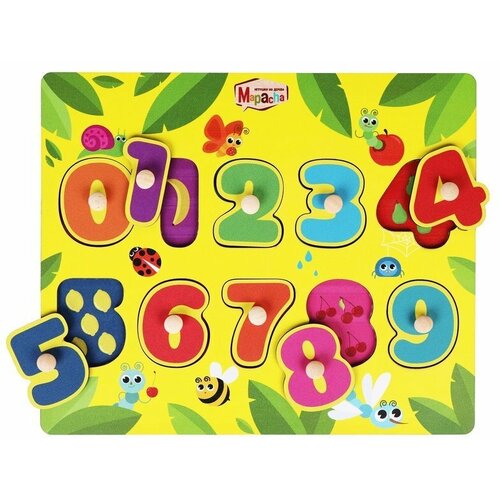 фото Рамка-вкладыш mapacha "цифры, изучаем цифры и фрукты", деревянная, 9 элементов (962002)