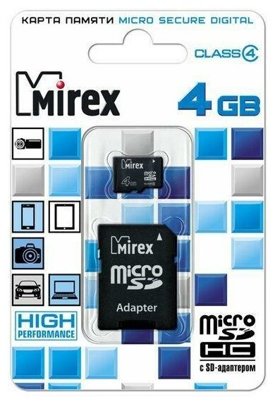 Флеш карта microSD 4GB Mirex microSDHC Class 4 (SD адаптер)