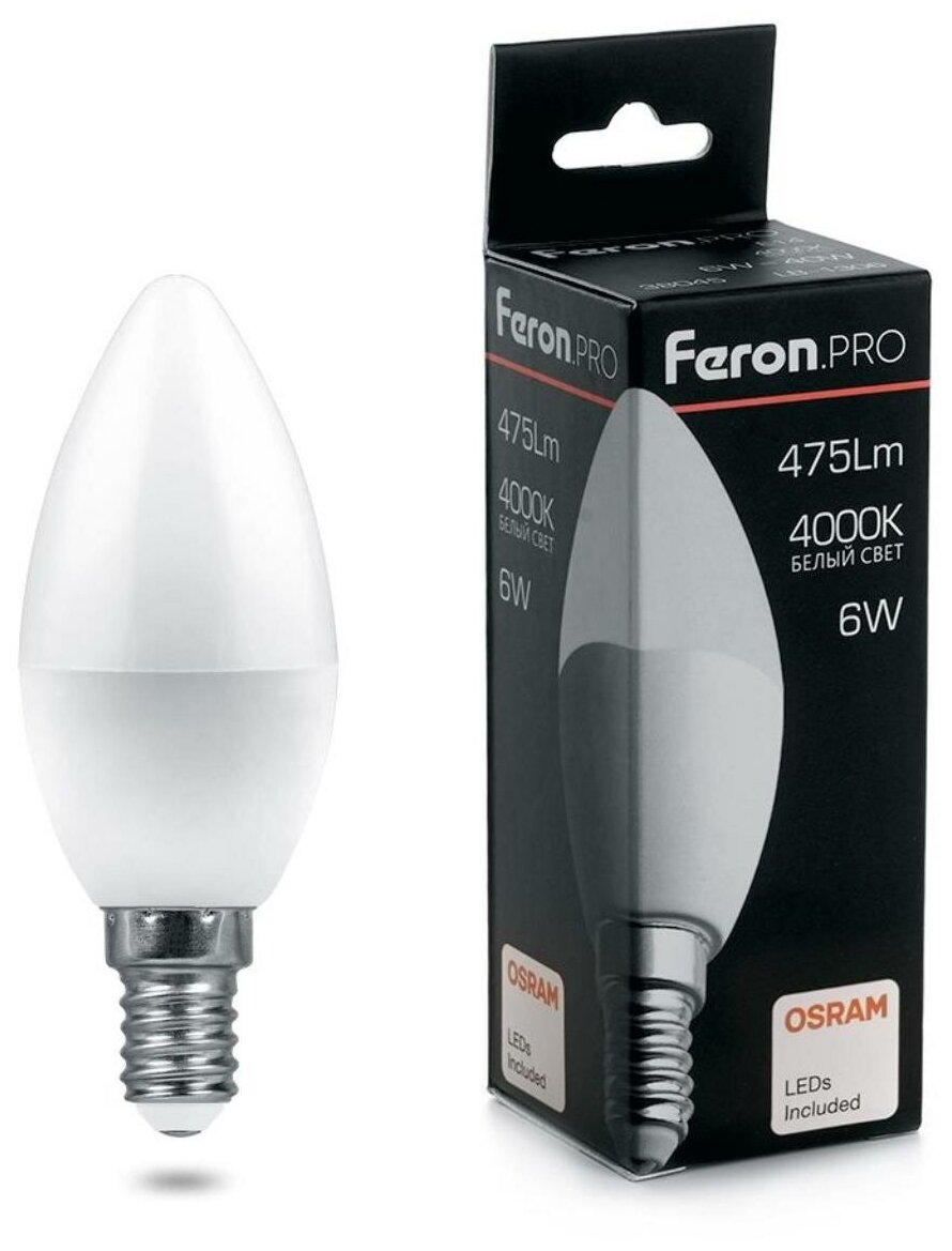 Лампа Feron OSRAM LED LB-1306 C37 6W E14 4000K 230V свеча