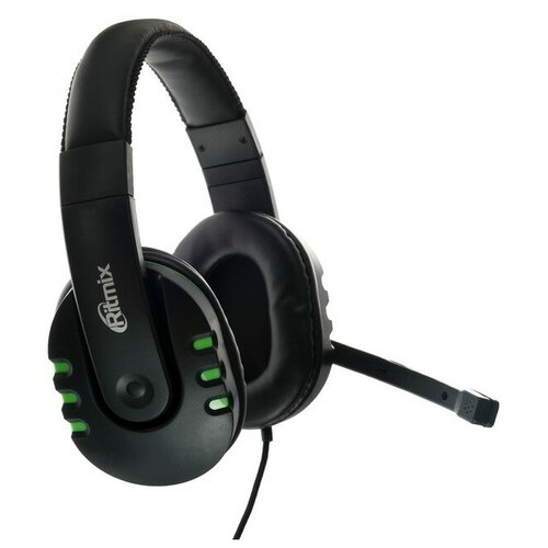 Наушники Ritmix RH-555M Gaming, игровые, полноразмерные, микрофон, 3.5мм, 1.8м, черно/зелен