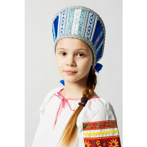 Кокошник русский народный традиционный Марья, синий с серебром