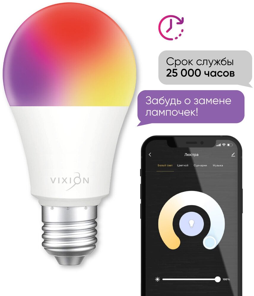 Умная цветная лампочка для Яндекс Алисы LED светодиодная Wi-Fi RGB SM01 RGB, 6500К, E27, 10 Вт Vixion Умный дом