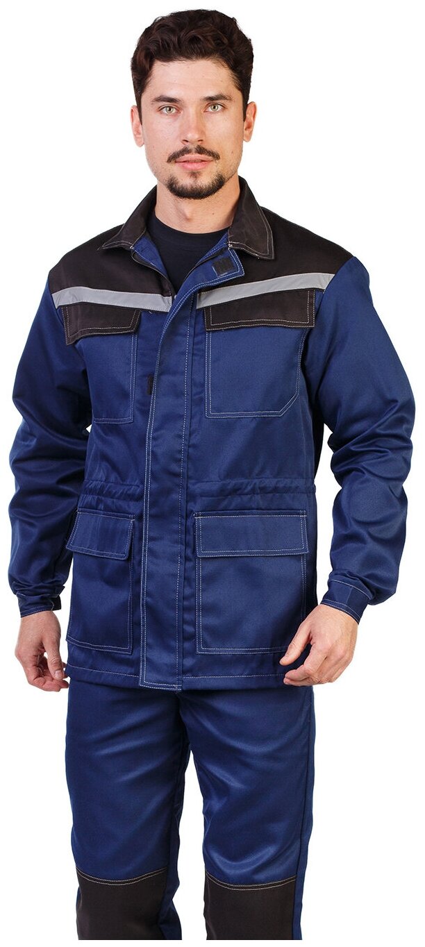 Костюм мужской рабочий "Ударник" летний куртка, брюки т-синий с черным и СОП (52-54, 182-188)