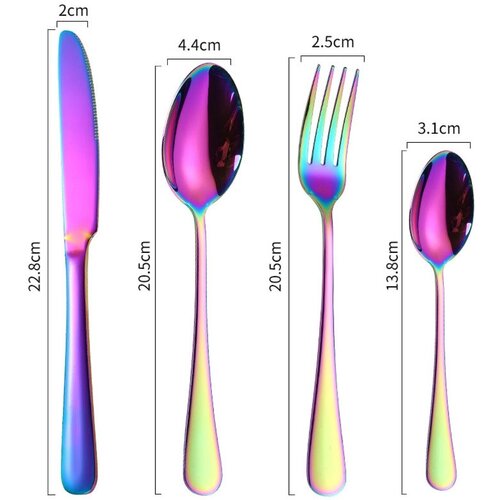 Набор из 4 столовых приборов из нержавеющей стали с титановым покрытием (ложка, вилка, нож и чайная ложка)(цветной)