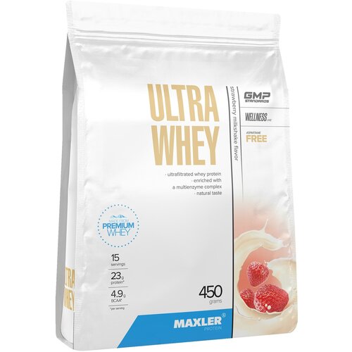 Сывороточный протеин MAXLER Ultra Whey 450 г, Клубника протеин сывороточный maxler ultra whey 450 г клубничный молочный коктейль пакет