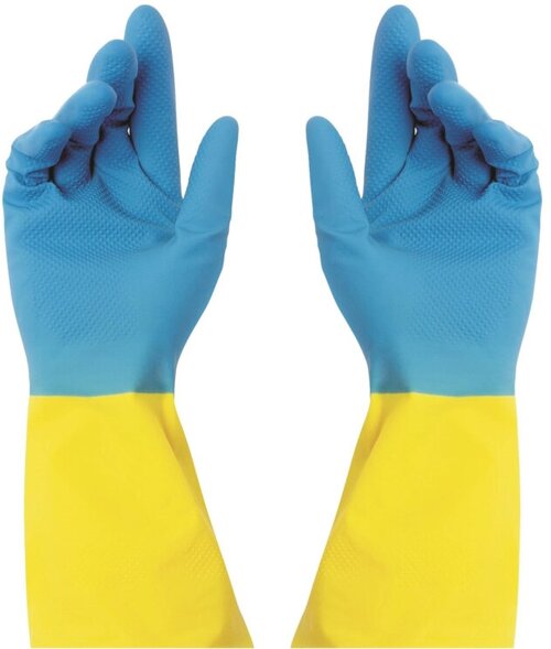Перчатки хозяйственные латексные биколор, S, синий+ желтый, 1 пара