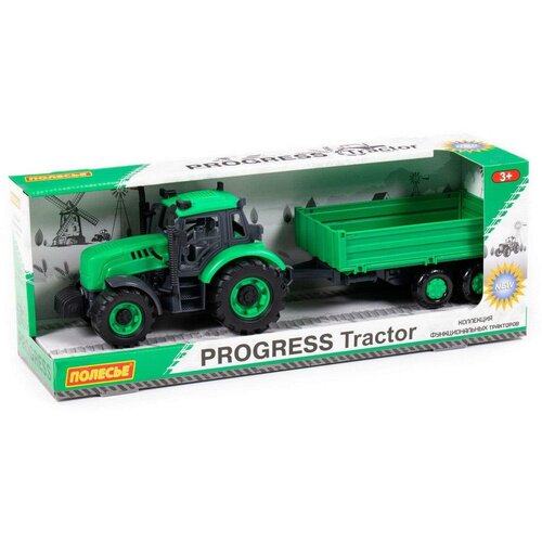 Трактор Полесье Прогресс с бортовым прицепом инерционный зелёный в коробке трактор прогресс с бортовым прицепом инерционный цвет зелёный