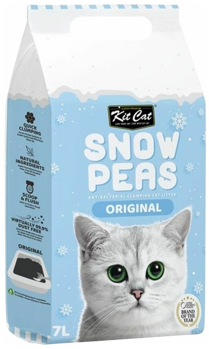 KIT CAT SNOW PEAS ORIGINAL наполнитель комкующийся биоразлагаемый на основе горохового шрота для туалета кошек (7 л) - фотография № 1