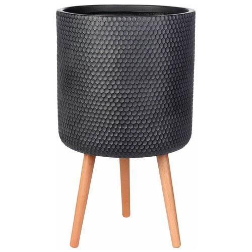 Кашпо Ханни Круглое с подставкой, файберстоун, черное, D25 H34 cm